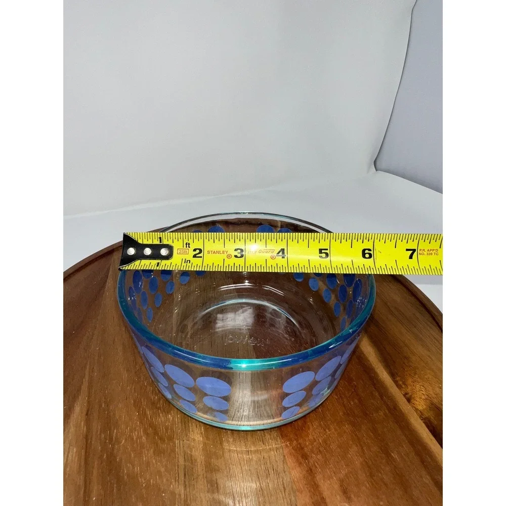 Pyrex Blue Polka Dot Clear‎ Glass Round Mixing Storage Bowl 6 inch Made in USA
